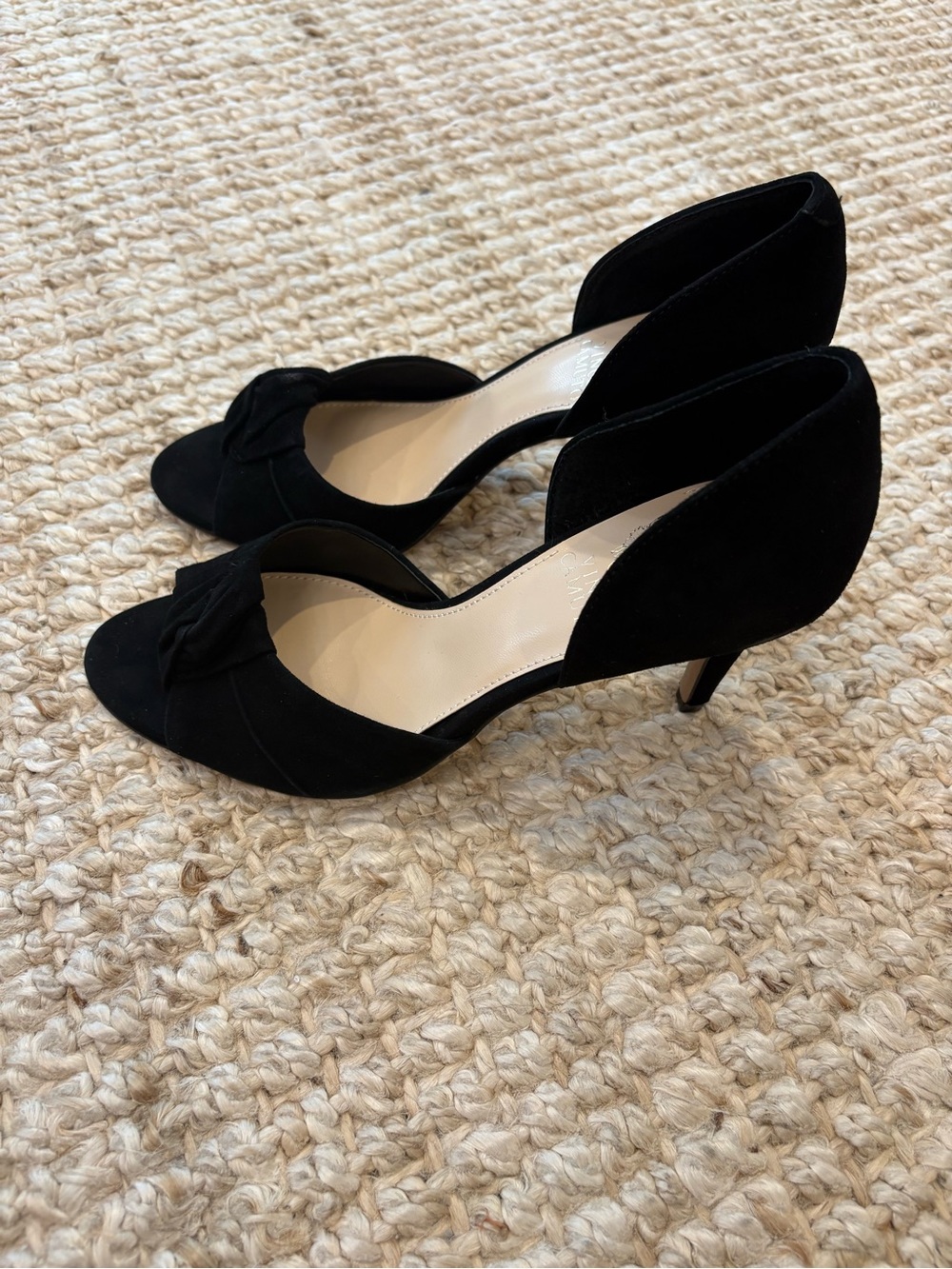 Vince Camuto Black Suede D'Orsay Knot Peep-Toe Heels